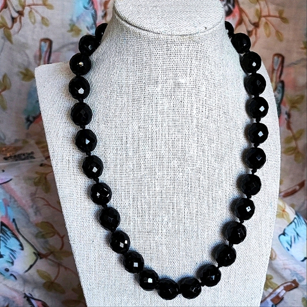 Single Strand Vintage Antique Jet Black Glass Faceted Beaded Mourning Necklace